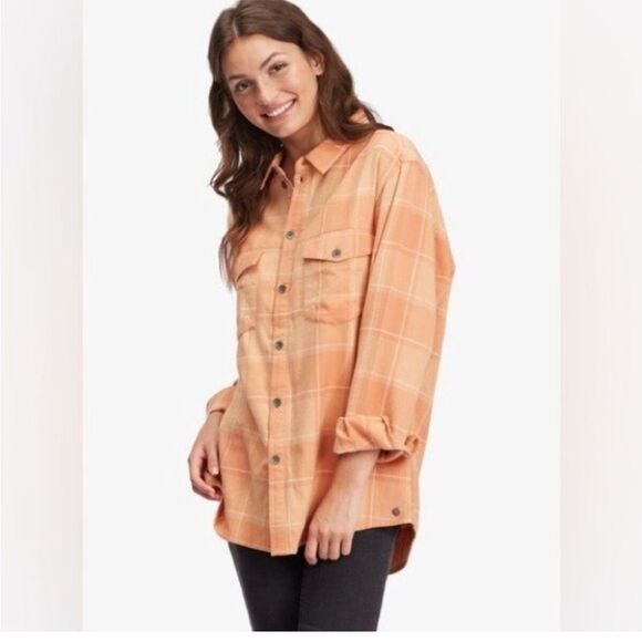 NWT ROXY Turn It Up Check Button Down Shirt Orange White Size Large - Picture 1 of 10